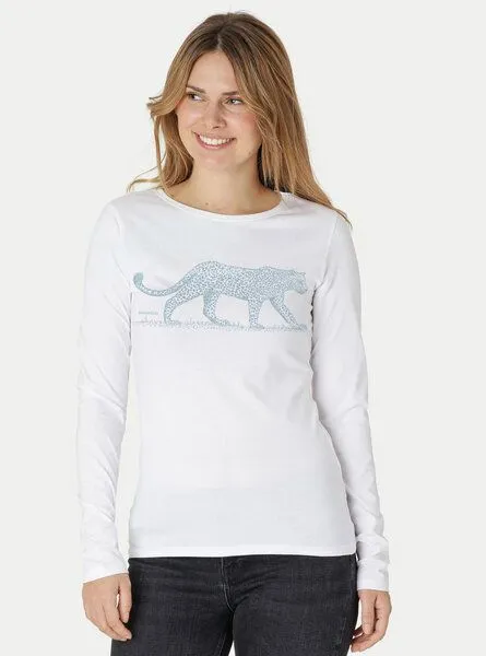 Peaces.bio - handbedruckte Biomode Peaces.bio - handbedruckte Biomode Bio-Damen-Langarmshirt Leopard, Weiß, – Produktbild 1 von 2