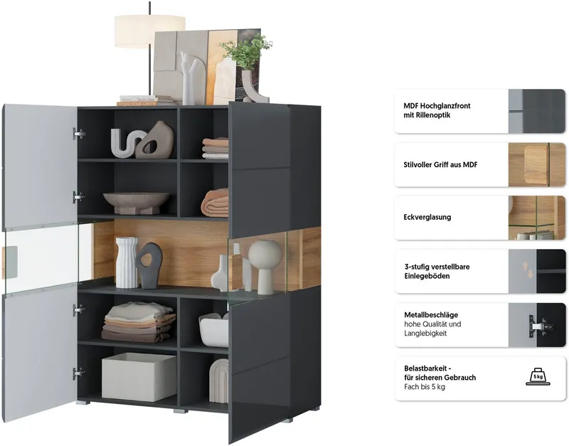 OTTO home Highboard Toledo,Breite 121,5 cm, trendige Hochkommode mit 2 Türen, Hochschrank mit Glas-Partien,stylische Hochglanzfronten, Schwarz, – Produktbild 1 von 5