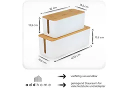 addhome Kabelbox Style, Bambus/weiß, 2er Set, Kunststoff, mit Bambusdeckel, Inklusive Abdeckung aus Bambus, große Box (40,5 x 15,5 x 13,5 cm) – Produktbild 1 von 1