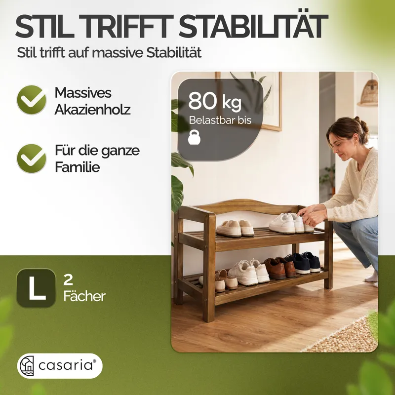 Casaria® Schuhregal Akazienholz 2 Etagen, Braun, – Produktbild 2 von 2