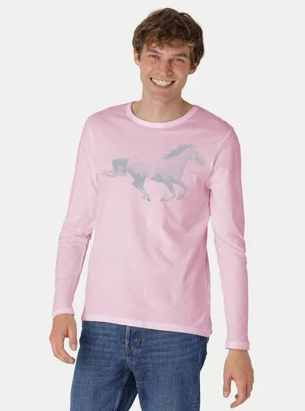 Peaces.bio - handbedruckte Biomode Peaces.bio - handbedruckte Biomode Bio-Herren-Langarmshirt Horsepower, Rosa, – Produktbild 1 von 2