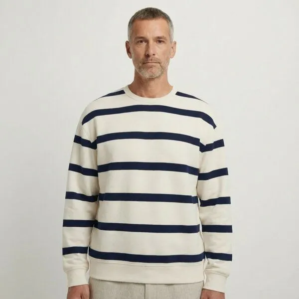 YTWOO YTWOO Basic Unisex-Sweatshirt mit Streifen aus nachhaltiger Baumwolle, Ivory/ navy blue stripes, – Produktbild 3 von 4