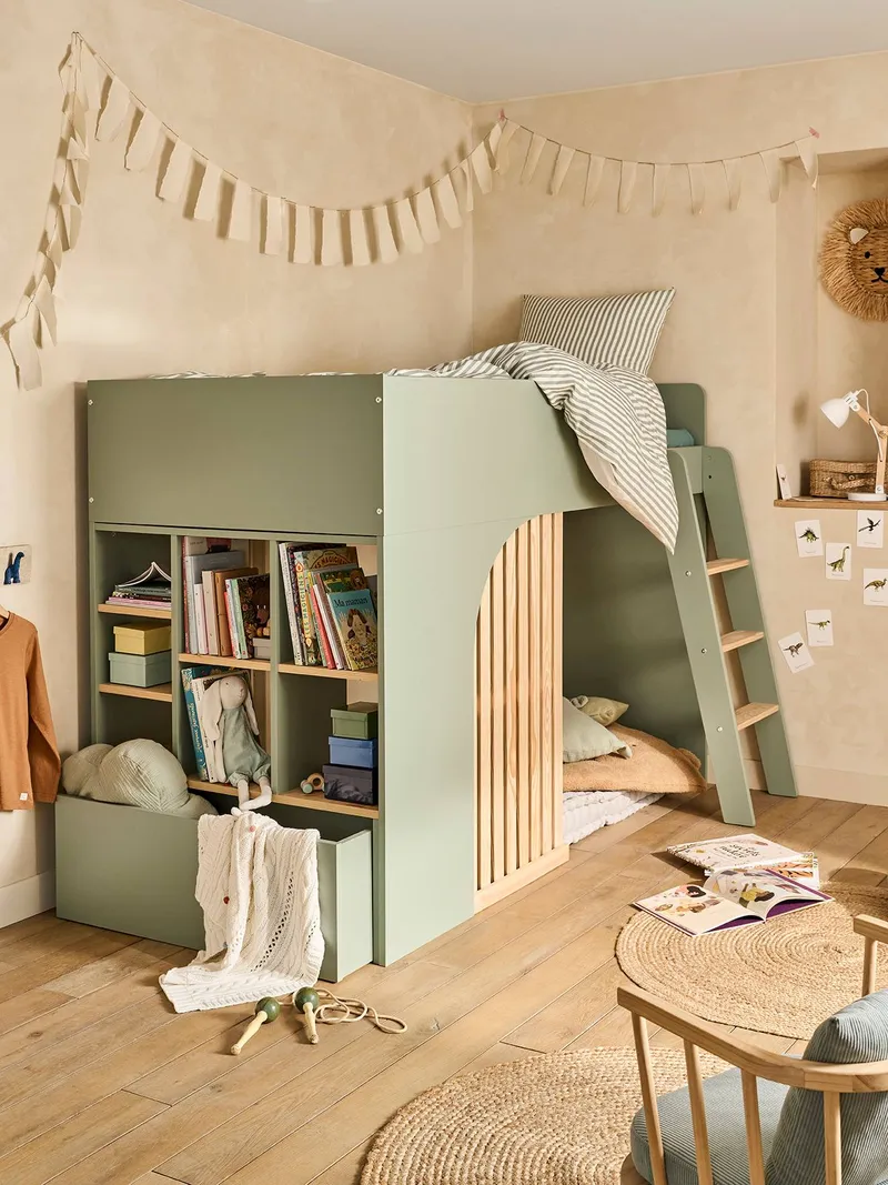 Vertbaudet Kinderbett mit Stauraum PLAYFUL Hochbett 90x190 cm, Grün, – Produktbild 1 von 4