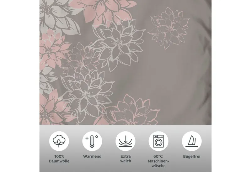 OTTO home Bettwäsche Susan in Gr. 135x200 oder 155x220 cm, Biber, 2 teilig, in verschiedenen Qualitäten, romantische Bettwäsche mit Blumen, Grau|rosa, – Produktbild 3 von 5