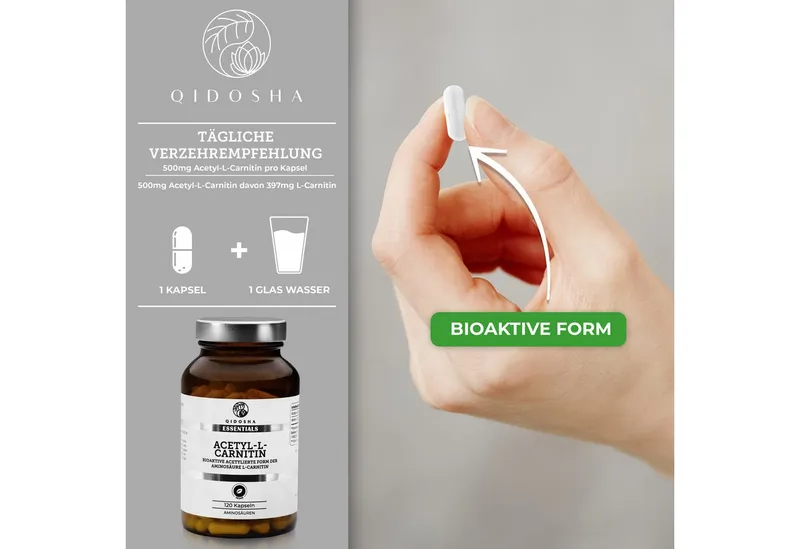 QIDOSHA Acetyl L-Carnitin 500 mg Hartkapsel, 1 er 120 St., 72 g, ALCAR Formel – Produktbild 3 von 4