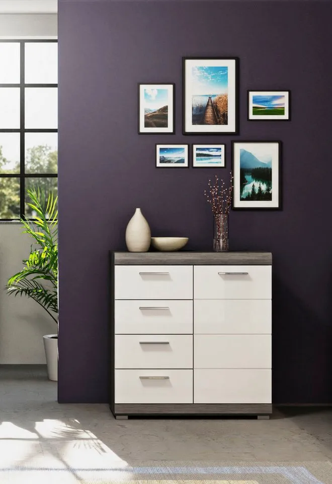 Home affaire Kommode SIENA, Breite 80 cm, 1 Tür, 2 Einlegeböden, 3 Fächer, 4 Schubkästen (hochwertige Rillenfräsung in MDF Front), Schuhkommode, Schuhschrank, Anrichte, Sideboard, Grau|silberfarben, – Produktbild 3 von 5
