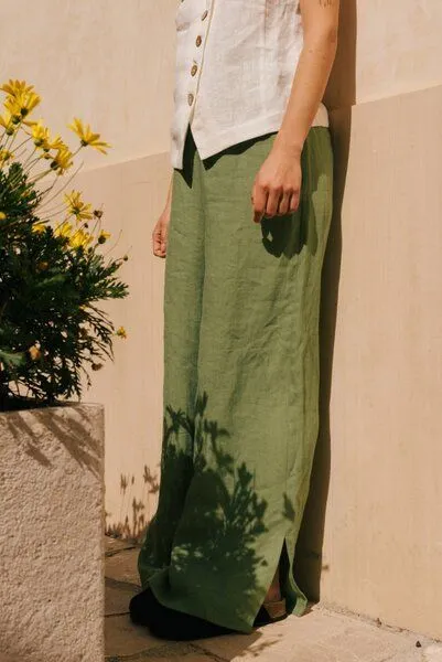 AmourLinen AmourLinen Leah weite Leinenhose mit Schlitzen, Matcha grün, – Produktbild 2 von 4