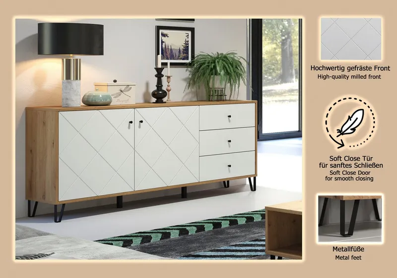 Home affaire Sideboard Tarragona, Sideboard, 2 Türen, 3 Schubkasten & Soft-Close - (B/T/H) 183/40/76 cm, Braun, – Produktbild 1 von 3