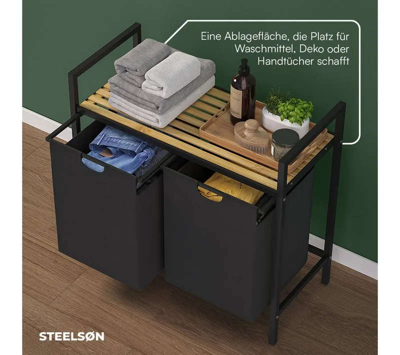 STEELSØN Wäschekorb Rigil aus Metall (2 Fächer (90 L) mit 1 Bambus-Ablage, schwarz), auch verfügbar mit 3 oder 4 Fächern, ausziehbar & abnehmbar, Schwarz, – Produktbild 4 von 5