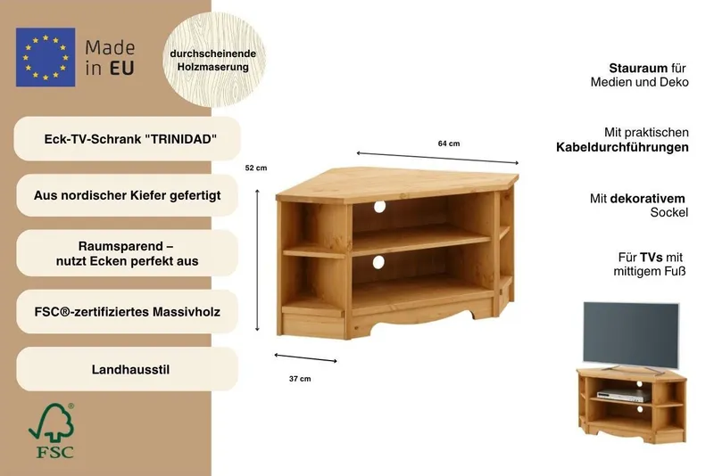 OTTO home Lowboard Trinidad, TV-Schrank, Eck-TV -Schrank, Kommode, Breite 105 cm, FSC® zertifiziertes Massivholz, Beige, – Produktbild 4 von 5