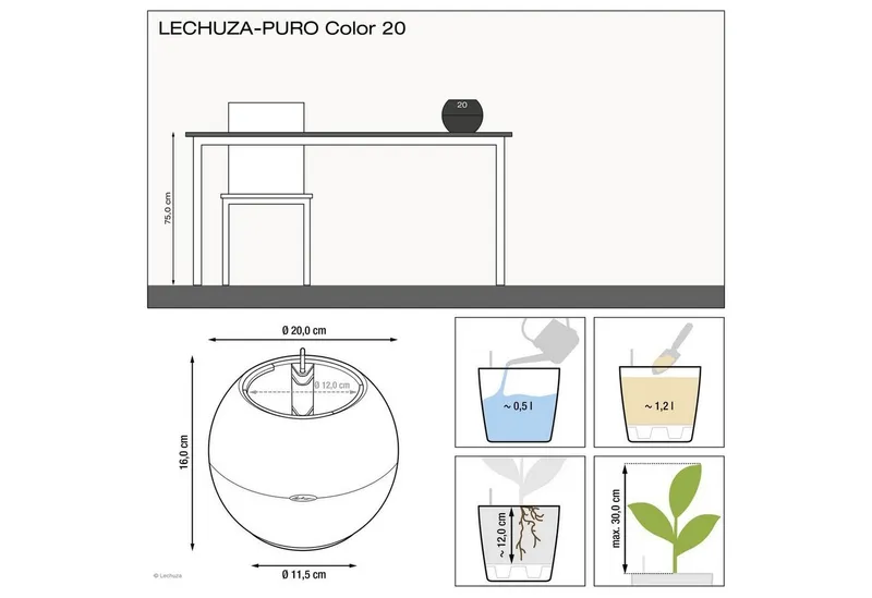 Lechuza® Lechuza® Blumentopf Pflanztopf Puro Color 20 schiefergrau (Komplettset), Grau, – Produktbild 4 von 6
