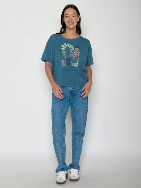 GreenBomb GREENBOMB Les Fleurs Feel - Lässiges T-Shirt aus Bio-Baumwoll-Mix / hochwertiger Print / GOTS / Fair & Vegan, Blau (wahres blau), – Produktbild 3 von 4