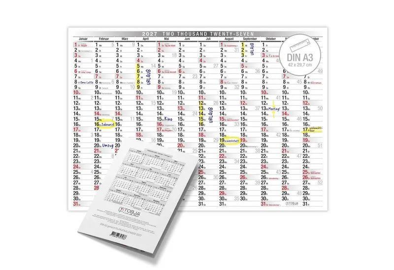 TOBJA Wandkalender Wandkalender 2027 A3 Querformat – Großer Jahresplaner KW, Klassisch schwarz-weiß, KW, FSC-Papier, Rückseite Jahresplanung – Produktbild 1 von 5