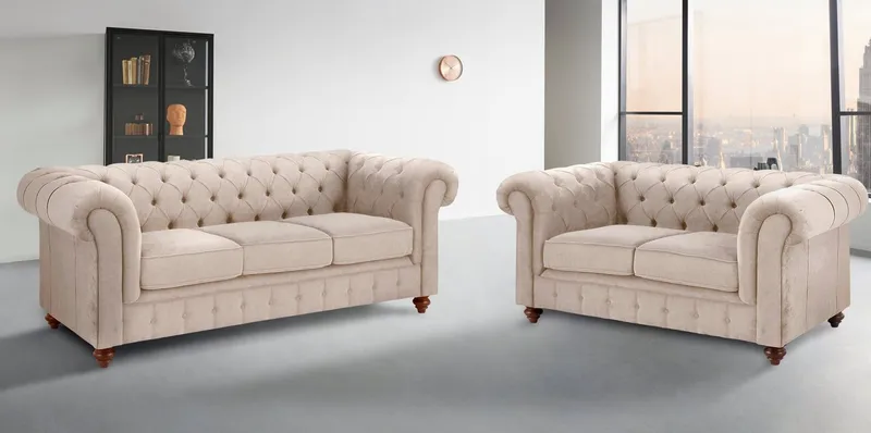 OTTO home Sitzgruppe Chesterfield, (2-tlg), hochwertige Knopfheftung, bestehend aus 2- und 3-Sitzer, Beige, – Produktbild 2 von 5