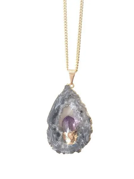 Crystal and Sage Crystal and Sage Achat und Amethyst Halskette mit einer Achatscheibe und eingefasstem Amethyst, Gold, – Produktbild 2 von 3