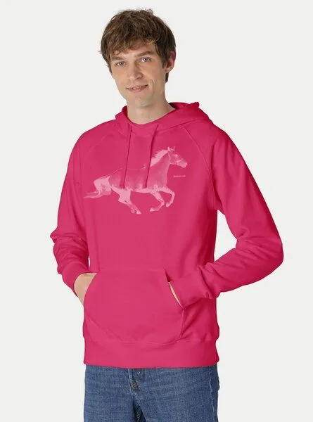 Peaces.bio - handbedruckte Biomode Peaces.bio - handbedruckte Biomode Bio-Herren-Kapuzensweater Horsepower, Pink, – Produktbild 1 von 2