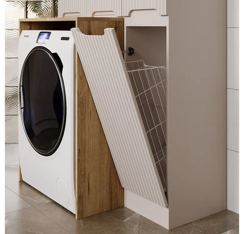 Lomadox Hochschrank NEWPORT-56-CASHMERE 35 cm breit in kaschmir, gerillte Front, inkl. Wäschekorb, Weiß, – Produktbild 2 von 5