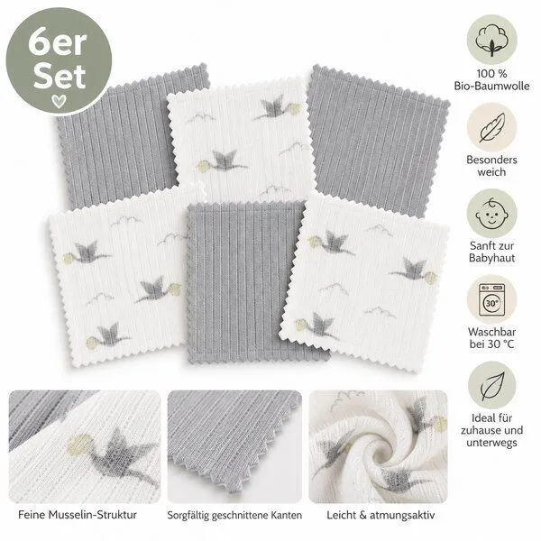 bistyle bistyle Baby Spucktücher 6er Set | 20 x 20 cm | 100 % Bio-Baumwolle | mit kleinen Motiven, Ecru/grau, – Produktbild 2 von 3
