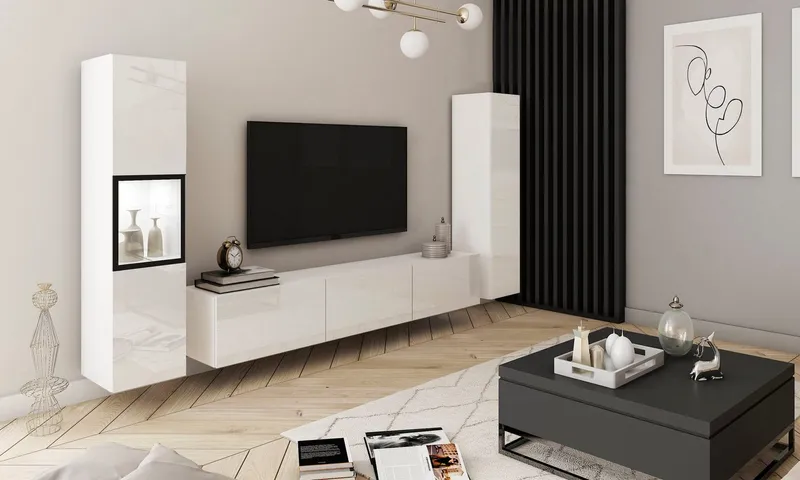Home affaire Wohnwand BERLIN III, Vitrine Türschlag links/rechts wechselbar, (Komplett-Set, 3-St), moderne grifflose Mediawand Breite 260 cm, Vitrine mit Verglasung, Weiß, – Produktbild 2 von 5