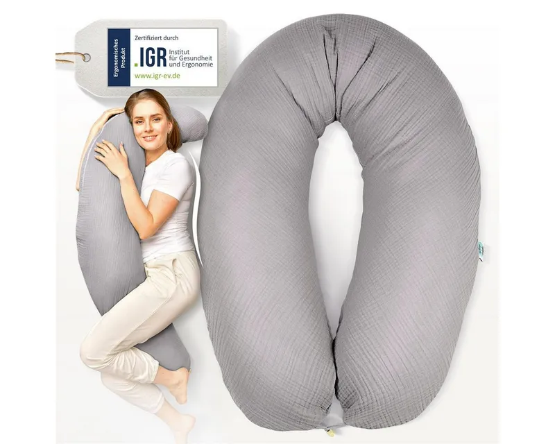 SEI Design Stillkissen Seitenschläferkissen XXL Babynest - Baby Erstausstattung Neugeborene, Schwangerschaftskissen 190x30 cm, Schwangerschaftskissen mit Bezug, Musselin Bezug 100% BIO Baumwolle, Grau, – Produktbild 2 von 5