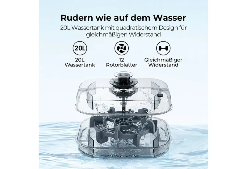 JASPORT Rudergerät M1 Wasserwiderstand aus Holz, klappbar, LCD, für Zuhause, bis 150 kg (Mit Smartphone-/Tablet-Halterung und Transportrollen), FSC-Holz, 20-l-Wassertank, Kinomap, bis 150 kg belastbar, Braun, – Produktbild 4 von 5