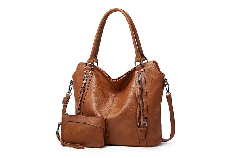 TANTOMI Handtasche Damen Schultertasche Groß Shopper Vegan Handtasche, Handtaschen Umhängetasche Geldbörse Damen Taschen 2-Tlg, Braun, – Produktbild 1 von 5