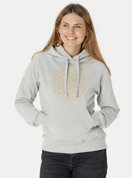 Peaces.bio - handbedruckte Biomode Peaces.bio - handbedruckte Biomode Bio-Damen-Kapuzensweater Die Blume des Lebens, Silbergrau, – Produktbild 2 von 3