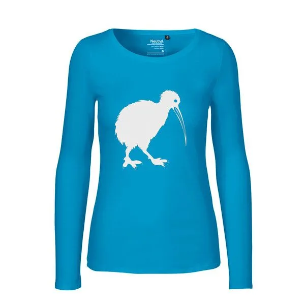 HANDGEDRUCKT HANDGEDRUCKT "Kiwi" Frauen Longsleeve aus reiner Biobaumwolle (kbA), Saphire, – Produktbild 1 von 3