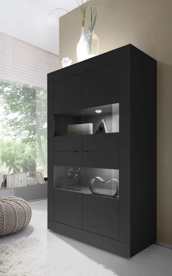 Home affaire Vitrine Basic Höhe 162 cm, Standvitrine mit 4 Türen - Metallgriffe, Stauraumvitrine in moderner Rahmenoptik, Hochschrank, Anrichte, Schwarz, – Produktbild 2 von 4