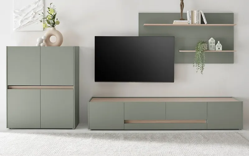 Furn.Design Wohnwand Center, (3-teiliges Set in Salbei mit Eiche Dekor, ca. 340 cm), mit 10 Fächern und 220 cm TV Lowboard, Grün, – Produktbild 3 von 5
