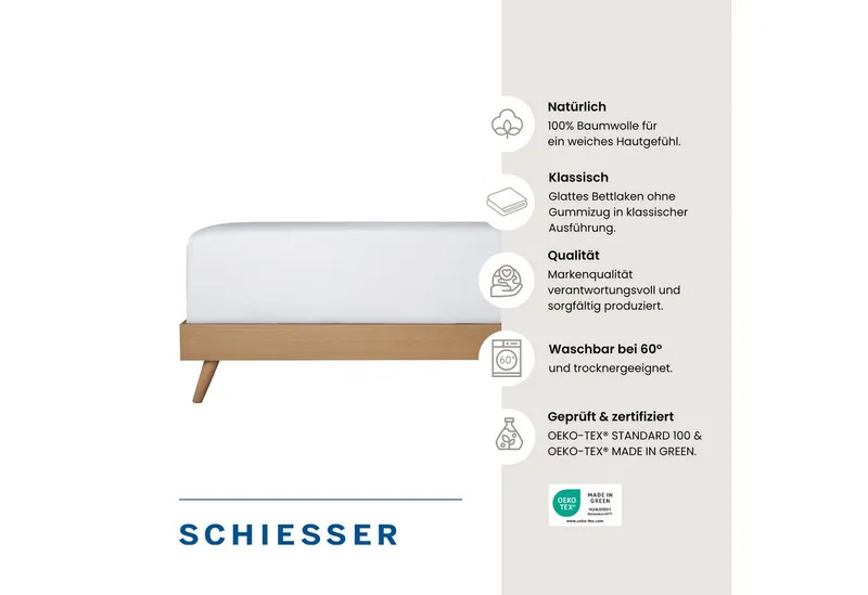Schiesser Schiesser Bettlaken Smoothy aus glatter Baumwolle in klassischer, hotelinspirierter Optik, Renforcé, Gummizug: ohne, (1 Stück), Oeko-Tex® zertifiziert, Weiß, – Produktbild 3 von 5
