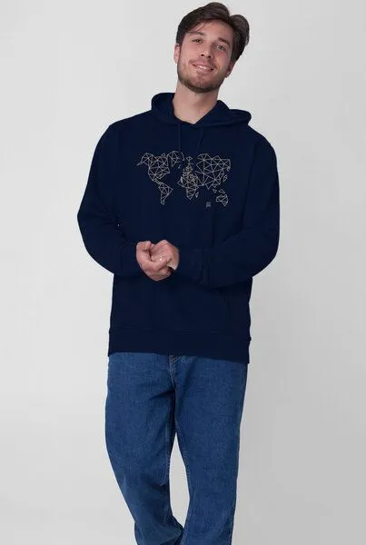 Kultgut Kultgut Biofair - Gemütlicher, flauschiger Hoodie /Worldmap, Navy, – Produktbild 5 von 5