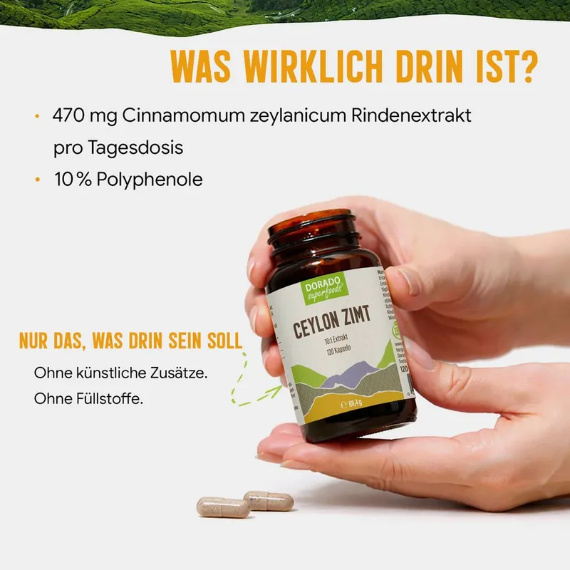 Dorado Superfoods Ceylon Zimt Kapseln – 470 mg Extrakt, 10 % Polyphenole – 120 Stück Kapseln, 120 St., 68.4 g – Produktbild 4 von 5