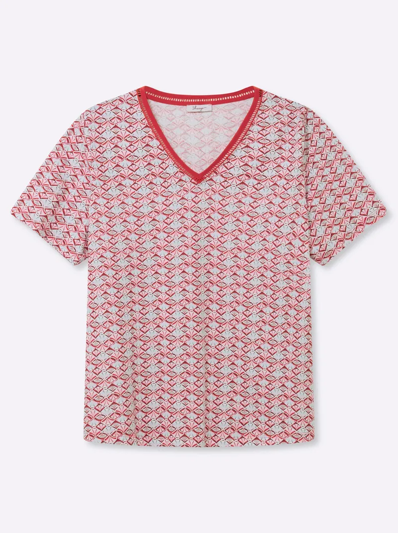 sheego V-Shirt koralle-bordeaux-bedruckt, Koralle-bordeaux-bedruckt, – Produktbild 1 von 2