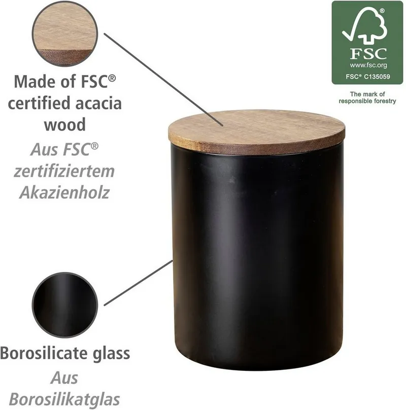 Wenko Wenko Vorratsdose Modell Mio, Borosilikatglas, (1-tlg), Frischhaltedose für Lebensmittel, luftdichter Deckel aus Akazienholz, Braun|schwarz, – Produktbild 8 von 8