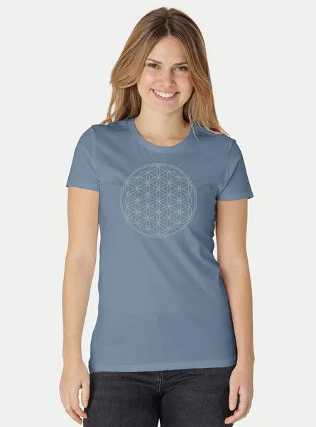 Peaces.bio - handbedruckte Biomode Peaces.bio - handbedruckte Biomode Bio-Damen-T-Shirt Die Blume des Lebens, Blaugrau, – Produktbild 2 von 3