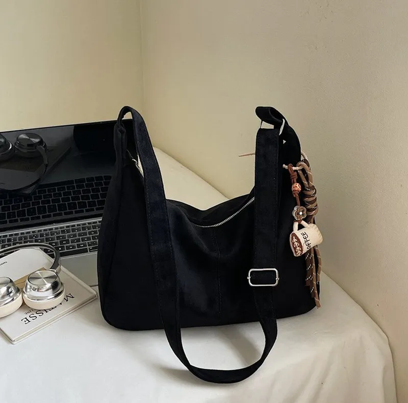 Zaewry Schultertasche Umhängetasche Damen Veloursleder Tasche Damen Crossbody Bag, Crossbag mit verstellbarem Schultergurt für Arbeit Reisen Alltag, Schwarz, – Produktbild 4 von 5