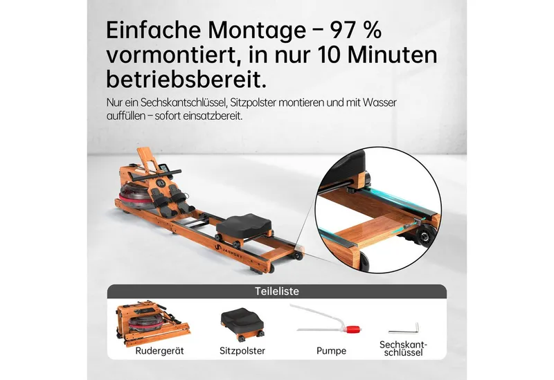 JASPORT Rudergerät R3 Wasser-Rudergerät klappbar Eichenholz LCD-Display Kinomap (Klappbares Rudergerät aus Eichenholz, Kinomap kompatibel & LCD-Trainingscomputer), 28-Liter-Wassertank, für Nutzer bis 205 cm, belastbar bis 150 kg, Kirschholzfarbe, – Produktbild 5 von 5