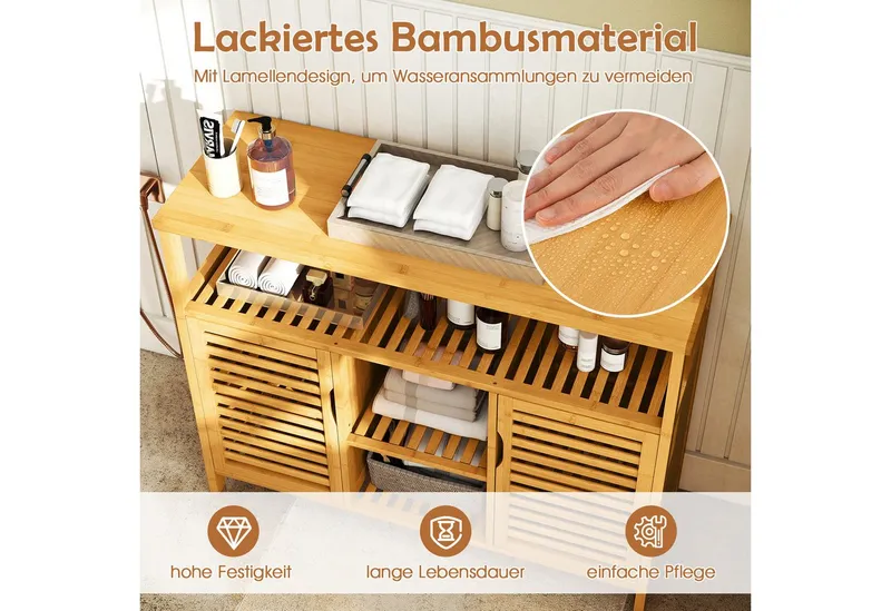 COSTWAY COSTWAY Badkommode, Badezimmerschrank Bambus mit Lamellentüren, 100x35x80cm, Beige, – Produktbild 4 von 5