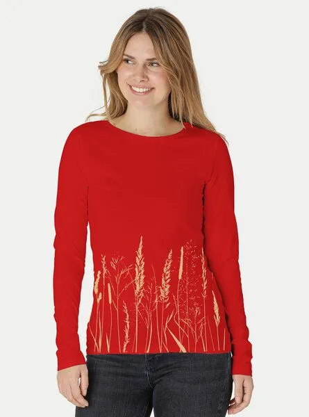 Peaces.bio - handbedruckte Biomode Peaces.bio - handbedruckte Biomode Bio-Damen-Langarmshirt Gräservielfalt, Rot, – Produktbild 1 von 2