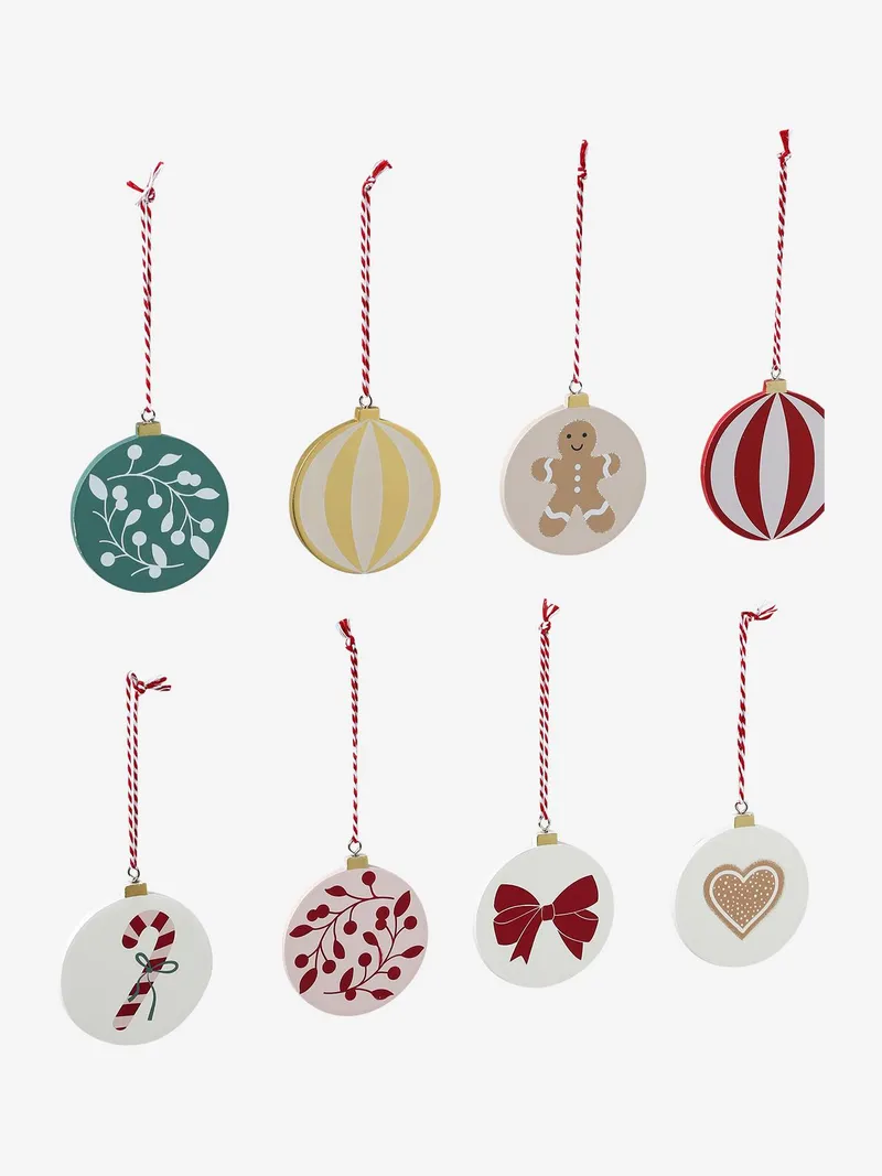 Vertbaudet Set aus 10 flachen Weihnachtskugeln aus Holz MOONY, Rot bedruckt, – Produktbild 2 von 3
