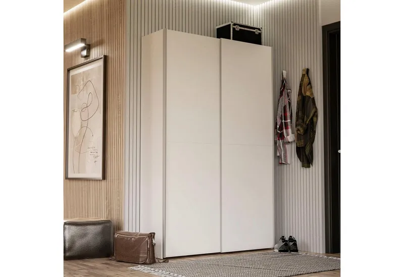 FORTE Wäscheschrank Ozzula, Mehrzweckschrank, Schwebetürenschrank, Garderobenschrank (B/H/T ca. 120/190,5/42cm, 2 Türen, 6 Einlegeböden) FSC® zertifiziert, variable Inneinteilung, 42cm tief, Made in Europe, Weiß, – Produktbild 1 von 5