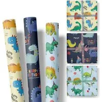 Fines Papeterie Fines Papeterie 3x 3m Geschenkpapier HAPPY BIRTHDAY DINO Set für Kinder * 3 Rollen je 300x47 cm * Einpackpapier mit Dinosauriern – Produktbild 1 von 1