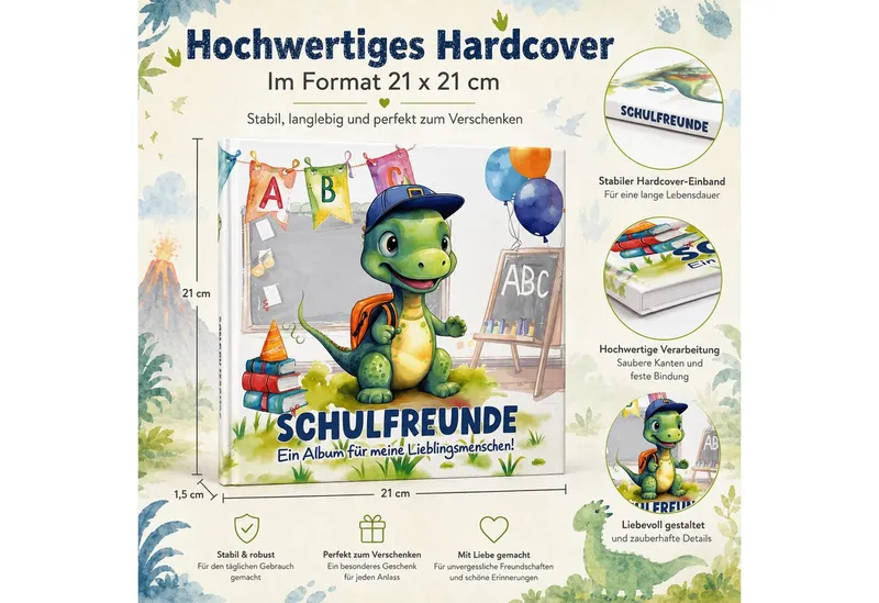 TOBJA Poesiealbum Freundebuch Grundschule Dino 21x21 cm - 30 Freunde, 8 Erwachsene, Dino-Motiv, 92 Seiten, 30 Doppelseiten, FSC®-Papier – Produktbild 4 von 5