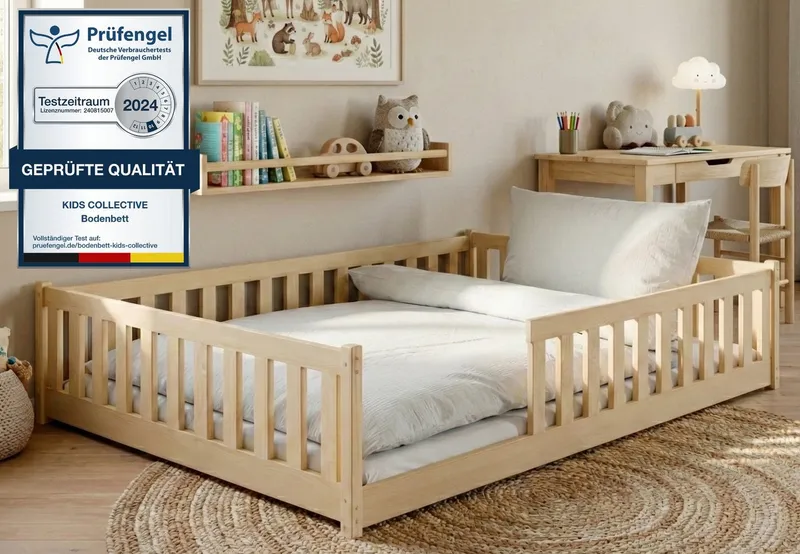 Kids Collective Kinderbett Bodenbett Bett mit Rausfallschutz & Lattenrost Montessori Bett Kinder (Jungen, Mädchen, Kinder, weitere Größen 80x160, 80x180, 90x190, 90x200, 120x200 cm), Jugendbett Gitterbett Einzelbett mit Matratze, Natur 140x200 cm, Beige, – Produktbild 2 von 5
