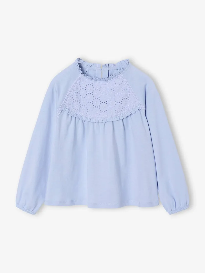 Vertbaudet Mädchen Langarm-Blusenshirt mit Lochstickerei, Hellblau, – Produktbild 1 von 3