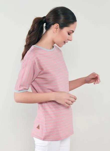 ORGANICATION ORGANICATION Gestreiftes Rundhals 1/2 Arm T-Shirt aus Bio-Baumwolle, Peachy & grey, – Produktbild 4 von 4