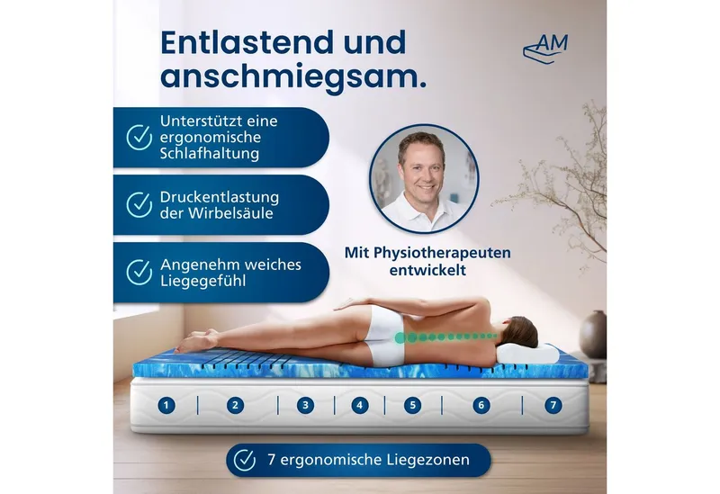 AM Qualitätsmatratzen, Topper 7-Zonen Memory Foam Gelschaum-Topper, Optimale Druckentlastung, RG50, 8 cm hoch, Gelschaum, 80x200 cm, Weiß, – Produktbild 5 von 5
