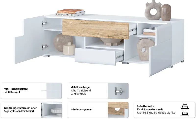 OTTO home Lowboard Toledo,Breite 159cm, trendige TV-Schrank mit dekorative Fräsungen, TV-Board ohne Beleuchtung, TV-Kommode mit viel Stauraum, Weiß, – Produktbild 3 von 8