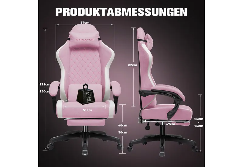 GTPLAYER Gaming-Stuhl Ergonomischer Gaming Sessel Schreibtischstuhl aus Stoff/Kunstleder (Packung), Federsitzkissen mit Fußstütze, Rosa, – Produktbild 4 von 5